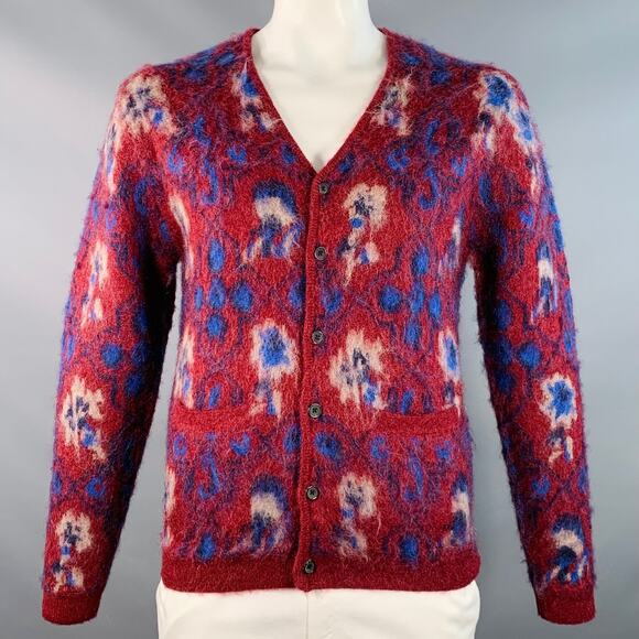 BEAMS Size M Burgundy Blue Abstract Floral Nylon Blend Knit V-Neck Cardigan - Picture 1 of 5